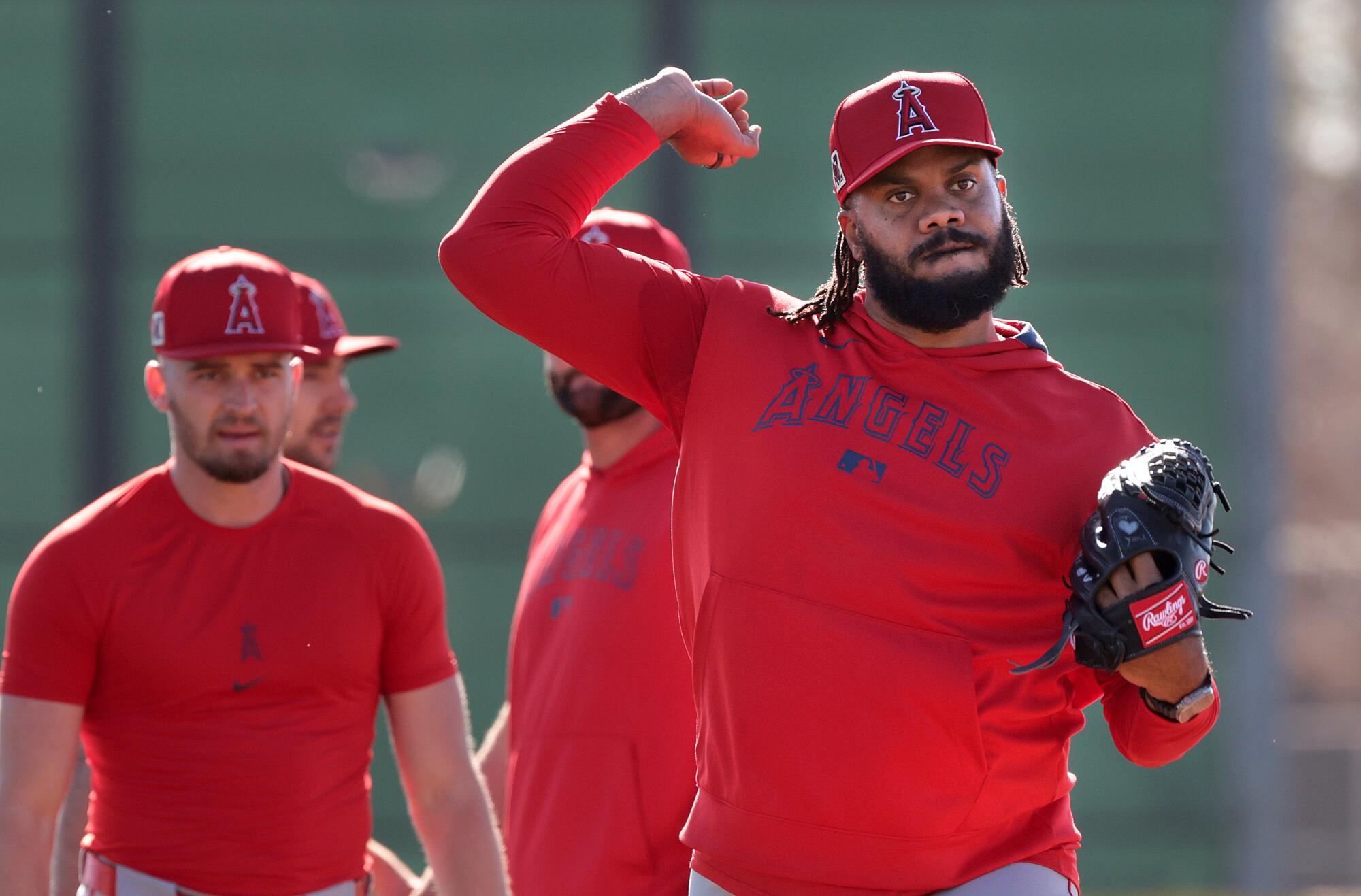 Angels relief pitcher Kenley Jansen takes part in spring training at Tempe Diablo Stadium on Thursday.