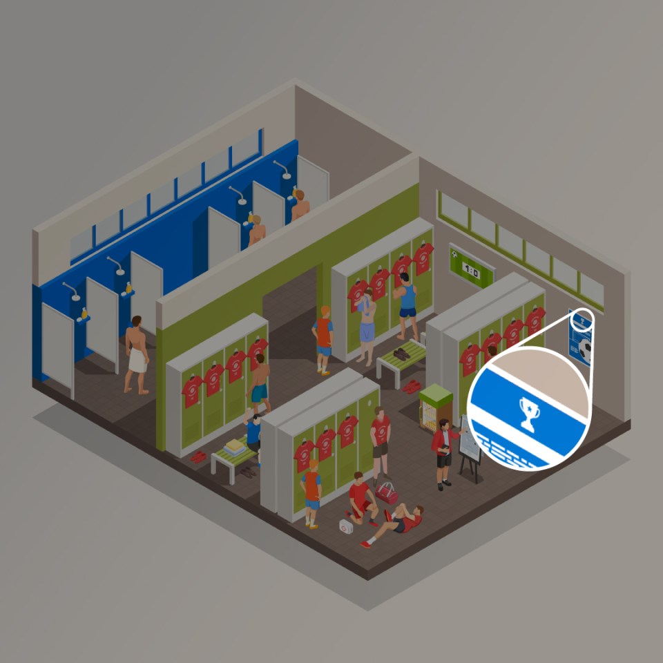 Isometric illustration of a locker room with a team of players preparing for a game.