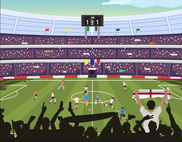 Illustration of a soccer game in a stadium with a 1-1 score and fans celebrating.