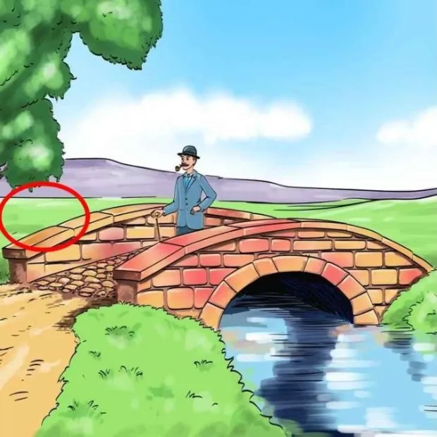 Illustration of a man standing on a brick bridge over a stream.