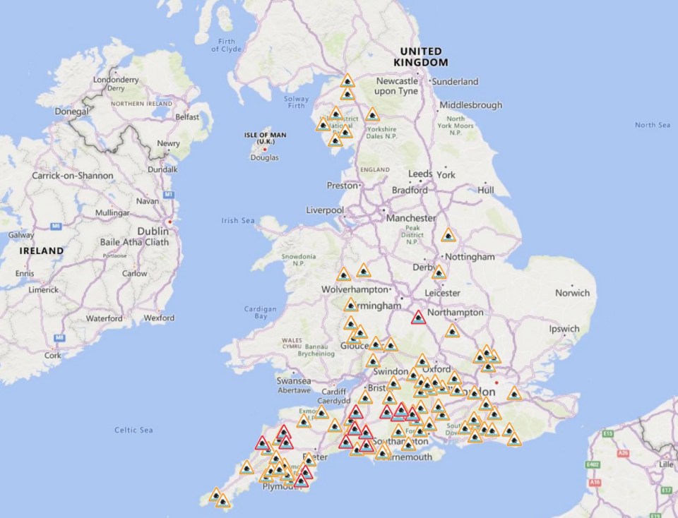 Map of the UK showing flood alerts.