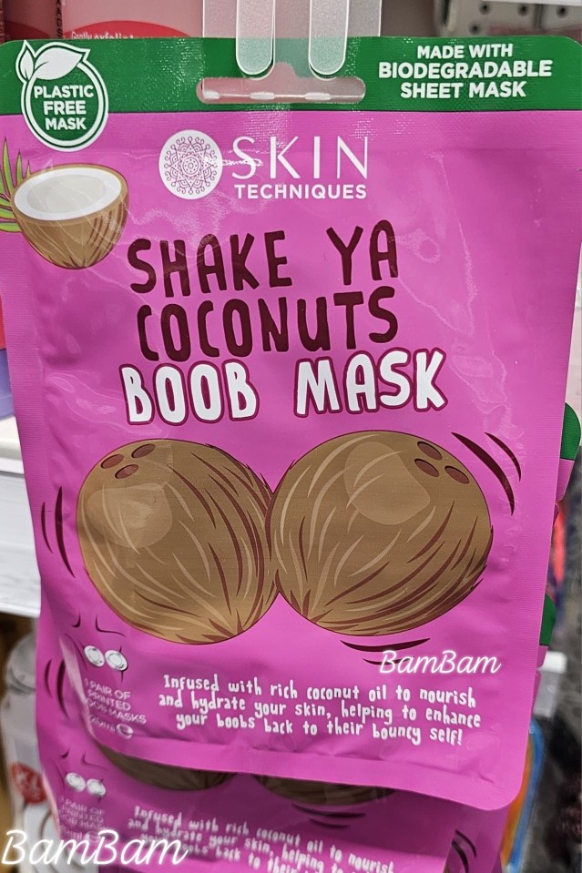 Packaging for a coconut boob mask.