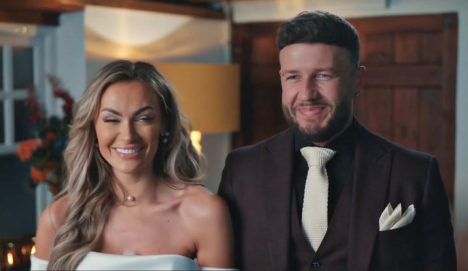 Watch the cringe moment MAFS UK star Adam shocks Amy with joke about sex and babies during flirty dinner party, Pictured: Mafs Reunion grabs - 24-02-35, Credit: Channel 4