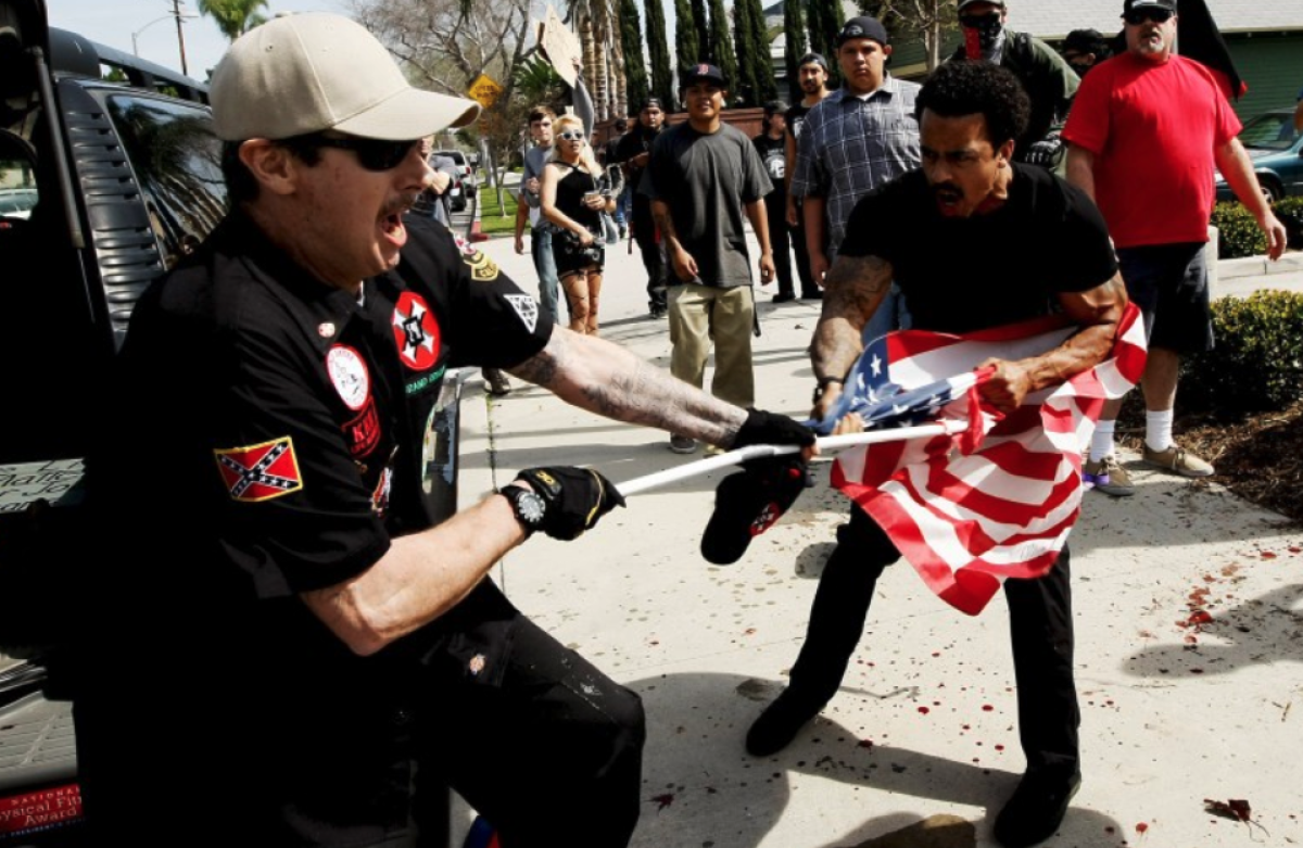 A clash during a "White Lives Matter" protest outside Pearson Park in Anaheim involving KKK members in 2016.