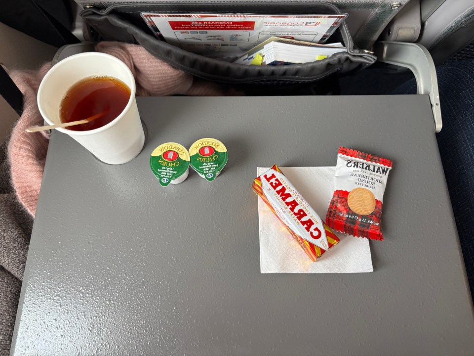 In-flight beverage and snacks on a tray table.