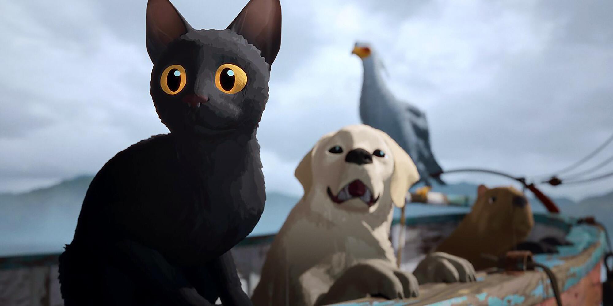 Animated animals ride in a boat.