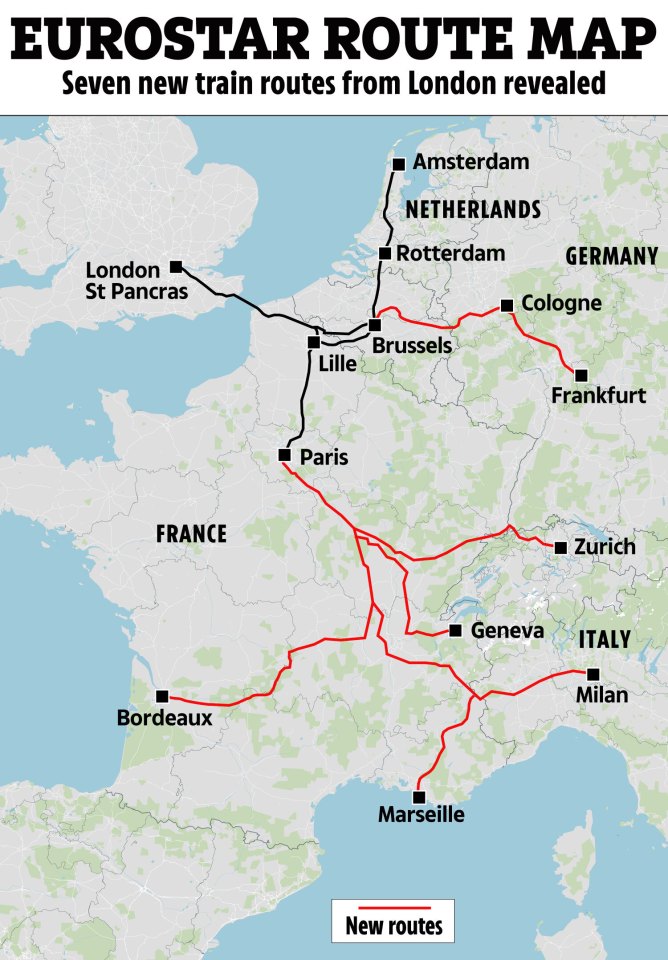 Map of seven new Eurostar routes from London.