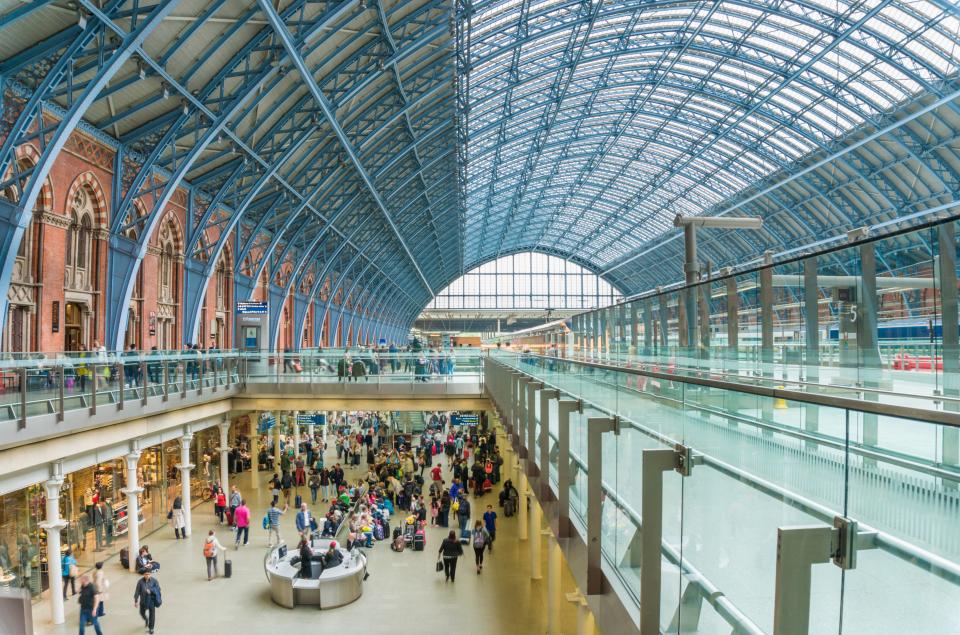 Interior view of St. Pancras International railway station in London.