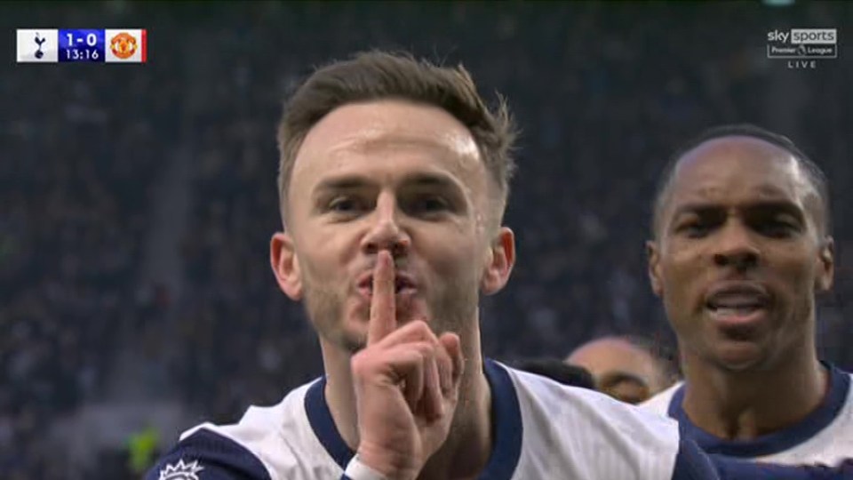 James Maddison celebrating a goal against Manchester United, holding a finger to his lips.