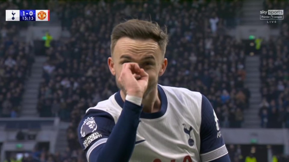 James Maddison celebrates a goal against Manchester United.