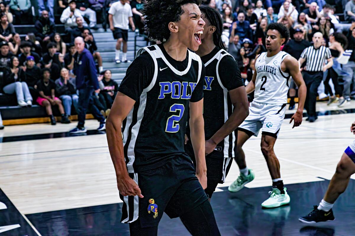 JD Wyatt celebrates Poly's semifinal win over Granada Hills.