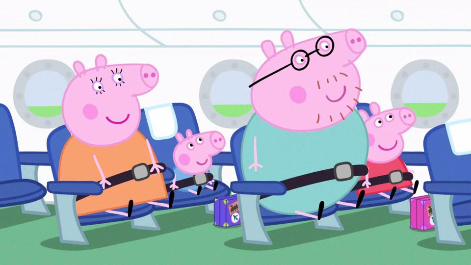 Illustration of the Pig family on an airplane.