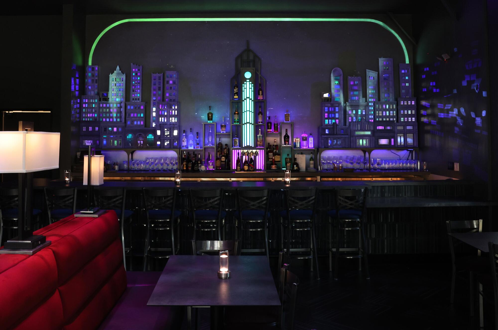 A bar setting that looks like a cityscape.