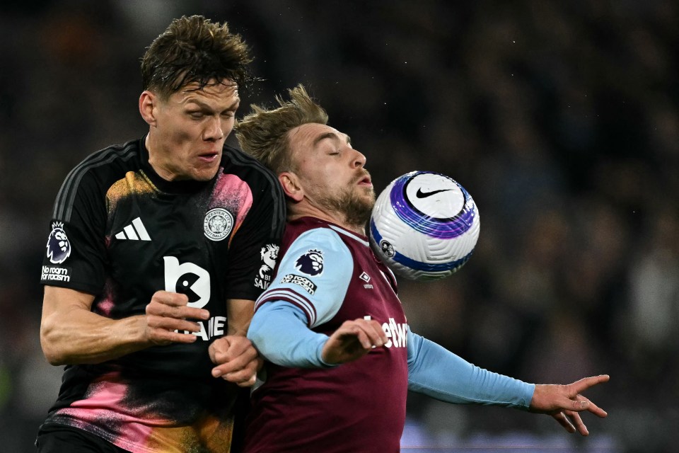 Leicester City's Jannik Vestergaard and West Ham United's Jarrod Bowen vying for the ball.