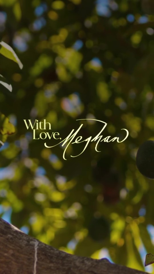 "With Love, Meghan" text over a blurred background of green foliage.