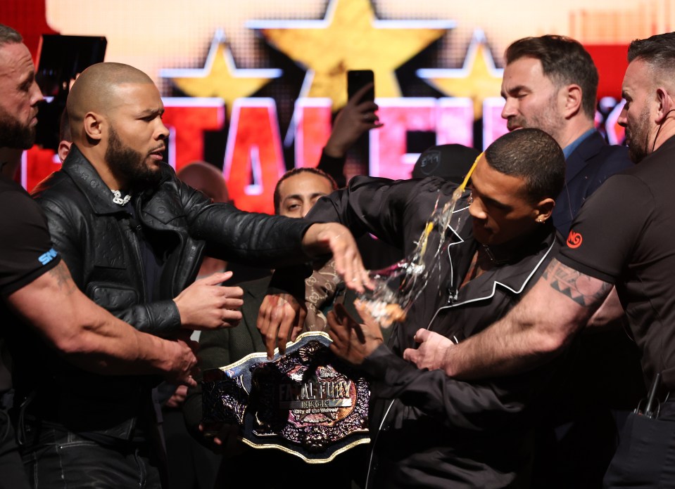 Chris Eubank Jr. hitting Conor Benn with an egg at a press conference.