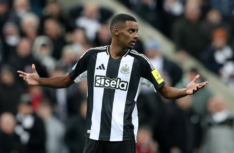 Alexander Isak of Newcastle United reacting to a disallowed goal.