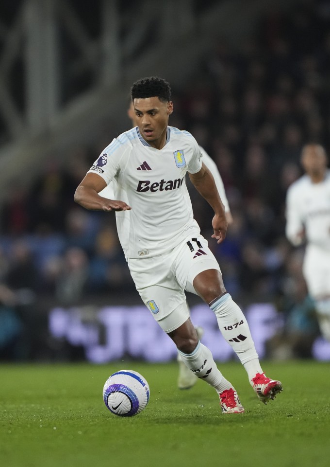 Ollie Watkins of Aston Villa dribbling the soccer ball.