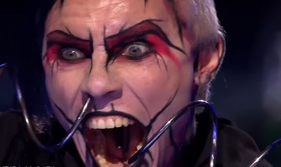 Auzzy Blood on Britain's Got Talent, piercing face with hooks.