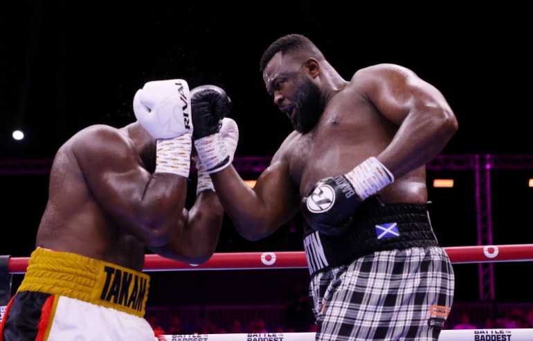 Boxing - Carlos Takam v Martin Bakole - Riyadh, Saudi Arabia - October 28, 2023 Martin Bakole in action against Carlos Takam during their Heavy Weight fight REUTERS/Ahmed Yosri