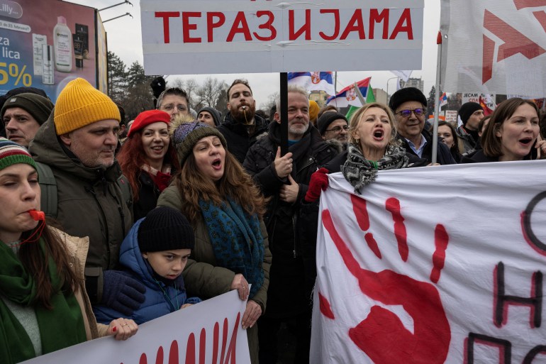 Demonstrators shout slogans during a protest over the fatal November 2024 Novi Sad railway station roof collapse, in Kragujevac, Serbia February 15, 2025. [Marko Djurica/Reuters]