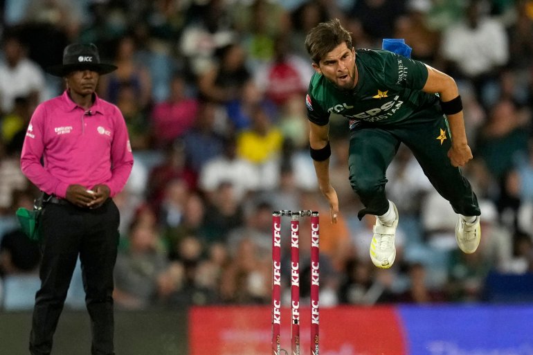 Pakistan's Shaheen Shah Afridi follows through his bowling during the second T20 International cricket match between South Africa and Pakistan, at Centurion Park in Centurion, South Africa, Friday, Dec. 13, 2024. (AP Photo/Themba Hadebe)