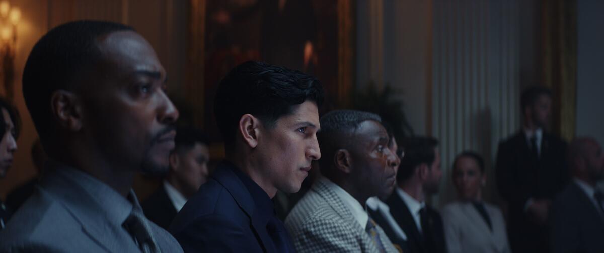 Anthony Mackie, from left, Danny Ramirez and Carl Lumbly in "Captain America: Brave New World."