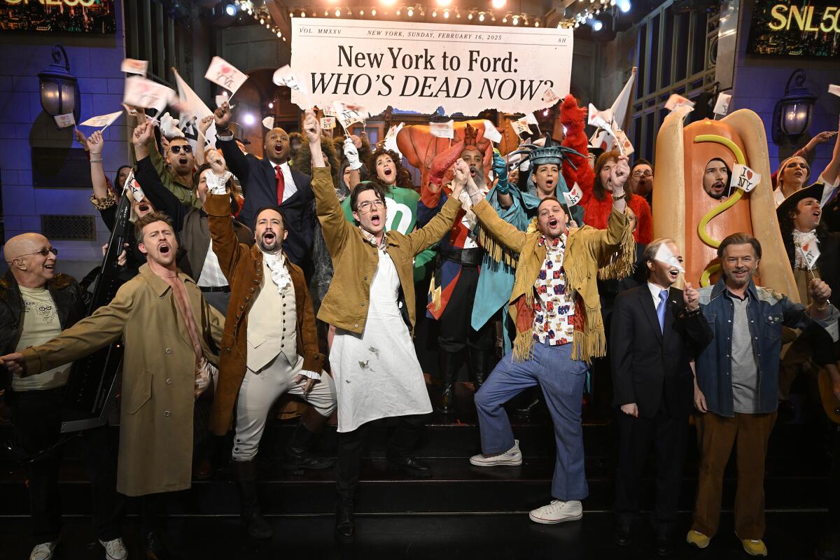 The sketch “New York 50th Musical” performed during the live prime-time special “SNL50: The Anniversary Special” on NBC.