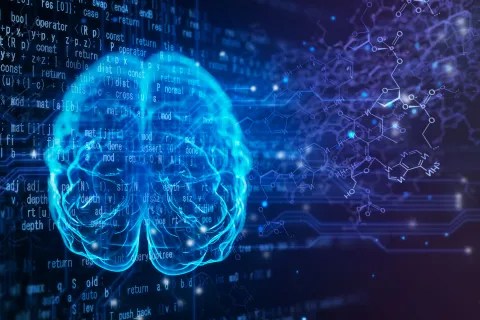 Illustration of a brain superimposed on computer code and molecular structures.