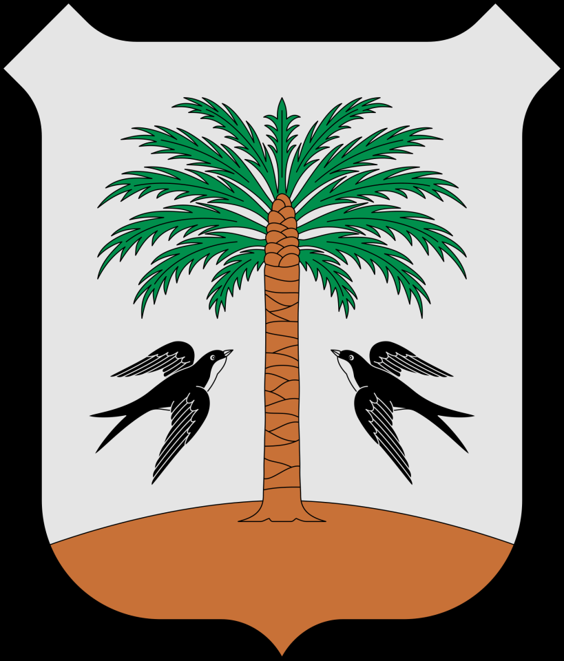 Illustration of a coat of arms featuring a palm tree and two birds.