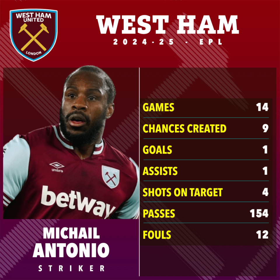 West Ham United striker Michail Antonio's 2024-25 EPL stats.