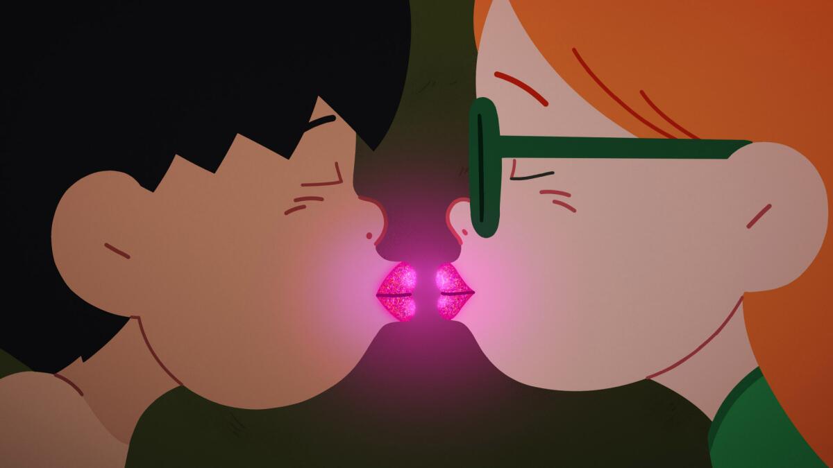 Two animated characters purse lips for a glowing kiss.