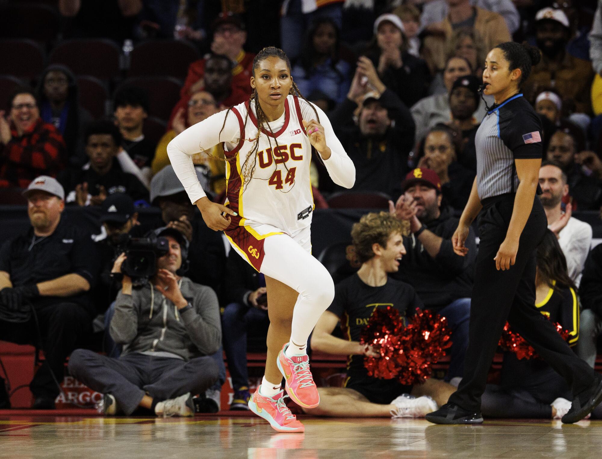 USC forward Kiki Iriafen runs on the court during a win over Michigan at Galen Center on Dec. 29.