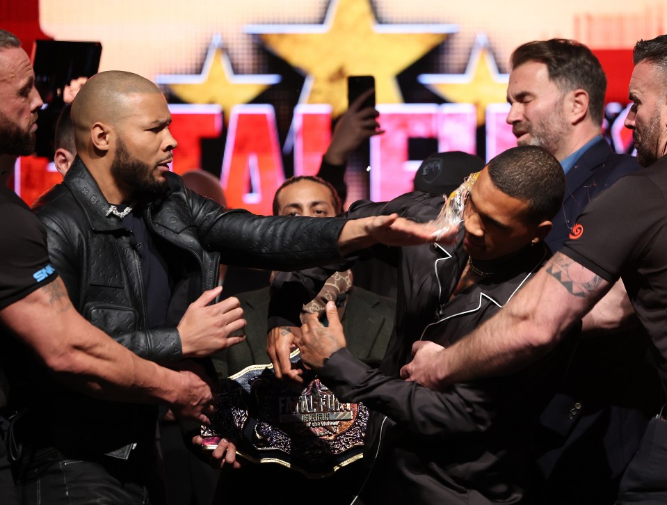 Chris Eubank Jr. hits Conor Benn with an egg at a press conference.