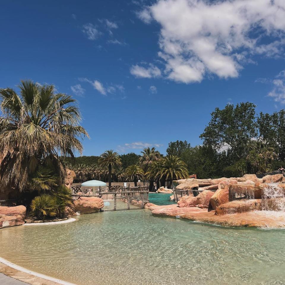 Waterpark pool with palm trees and rock formations.