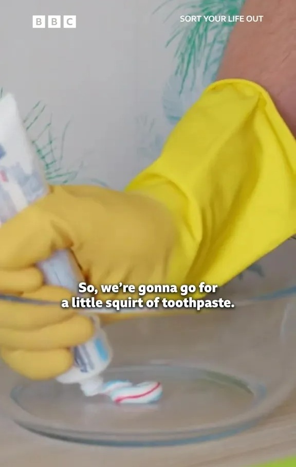 Gloved hands squeezing toothpaste into a bowl.