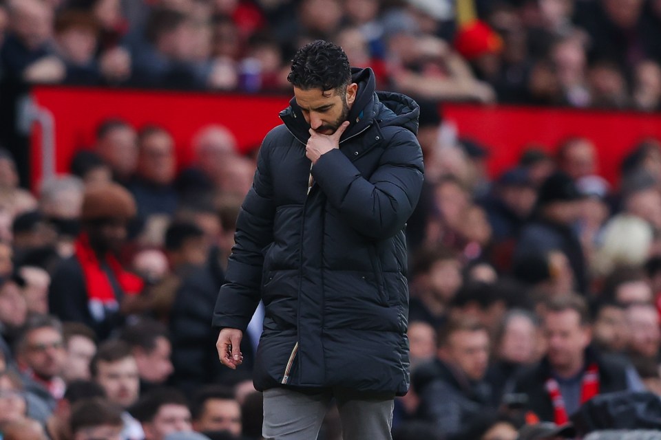 Ruben Amorim, head coach of Manchester United, looking dejected.