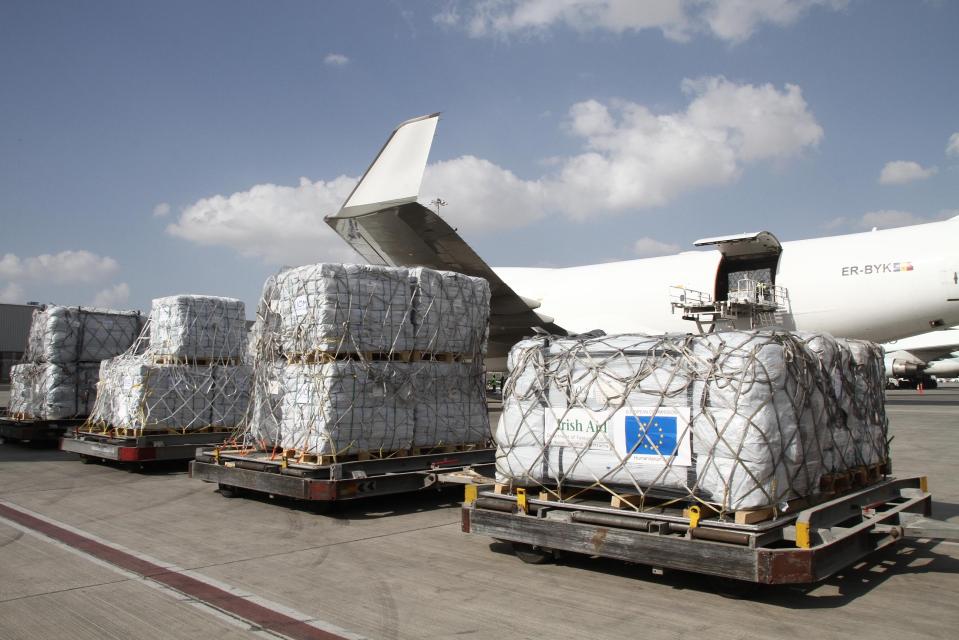 Cargo pallets being loaded onto a plane.