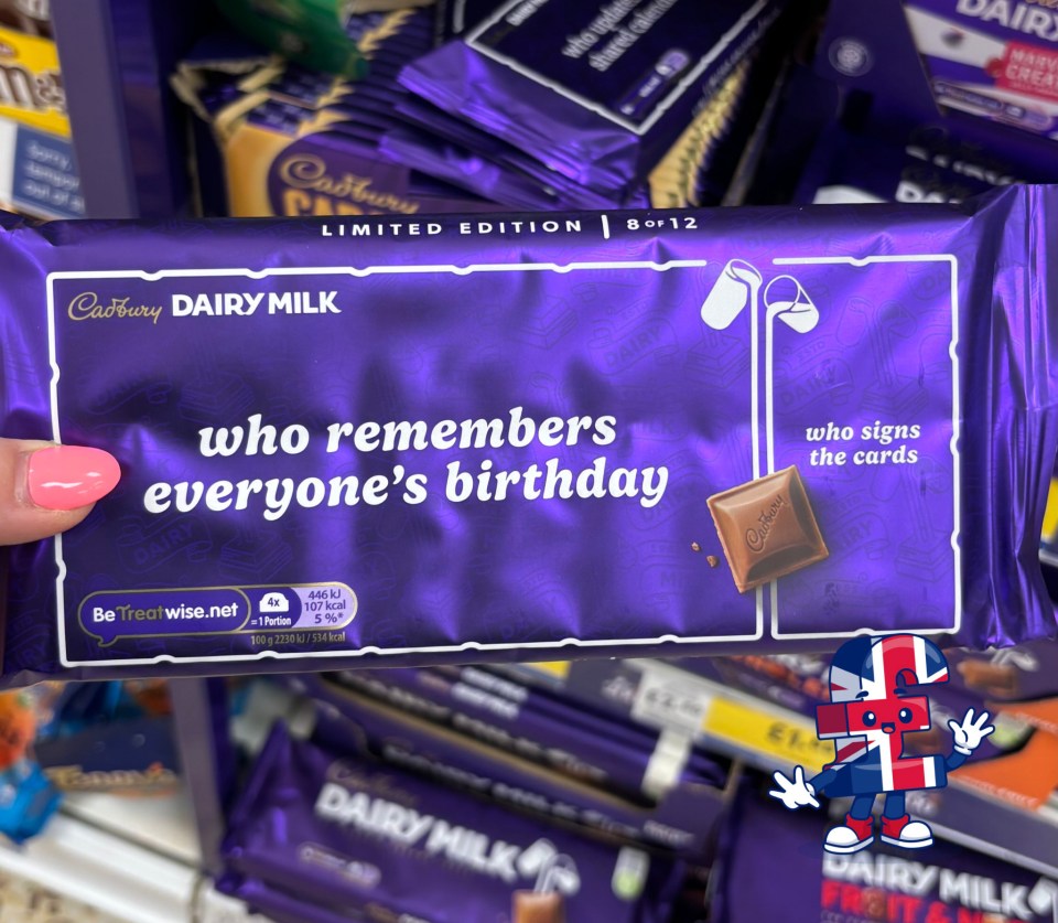 Cadbury Dairy Milk limited edition chocolate bar with "who remembers everyone's birthday" and "who signs the cards" text.