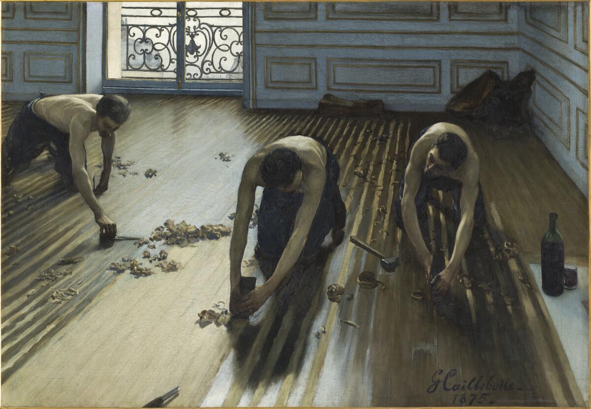 In an Impressionist painting, three shirtless men work scraping a wooden floor.