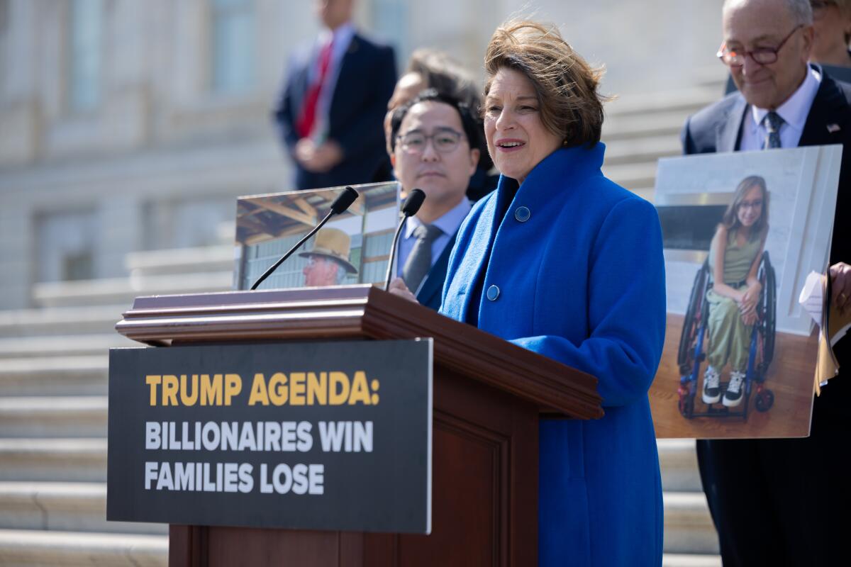 Sen. Amy Klobuchar (D-Minn.) speaks at a news conference with other Senate Democrats on Tuesday.