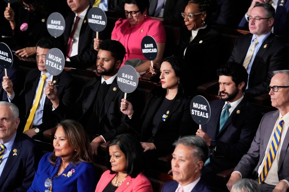 Members of Congress holding signs that say "Save Medicaid" and "Musk Steals."