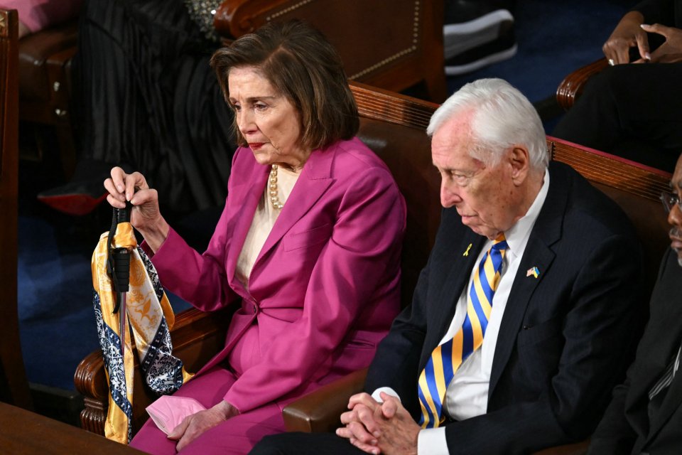 Nancy Pelosi and Steny Hoyer listening to Donald Trump address Congress.