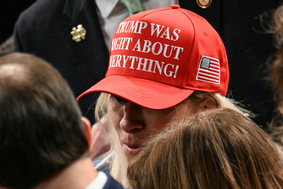 Marjorie Taylor Greene wearing a hat that reads "Trump was right about everything" at a joint session of Congress.