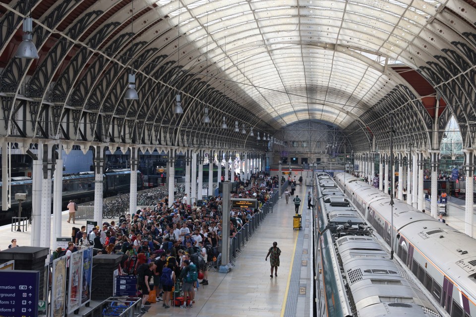 Crowds of people queuing to board a train at a busy train station.