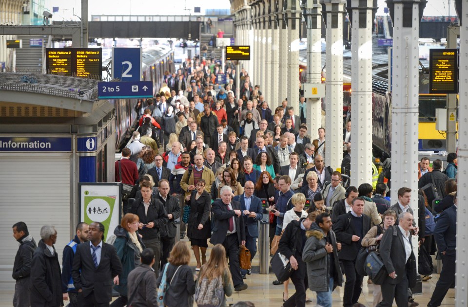 Crowded railway station platform during rush hour.