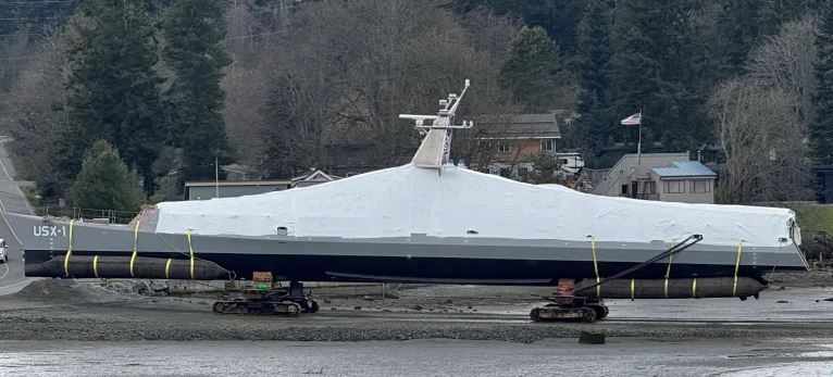 USX-1 Defiant, a prototype unmanned surface vessel, on land.