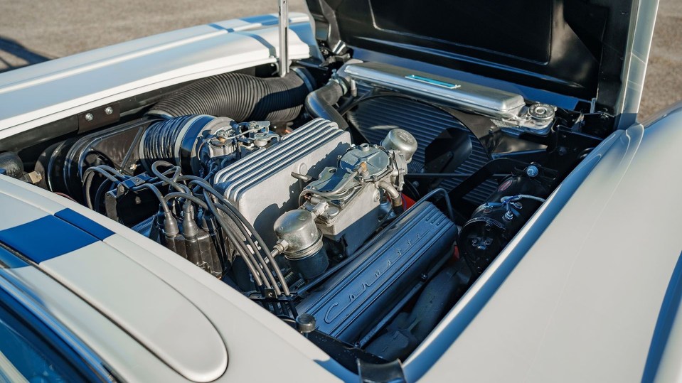 Close-up of a restored 1960 Chevrolet Corvette "Fuelie" Camoradi engine.