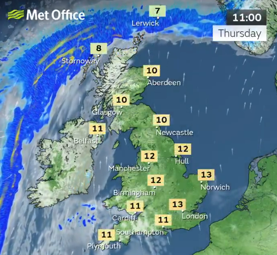 UK weather map showing temperatures.