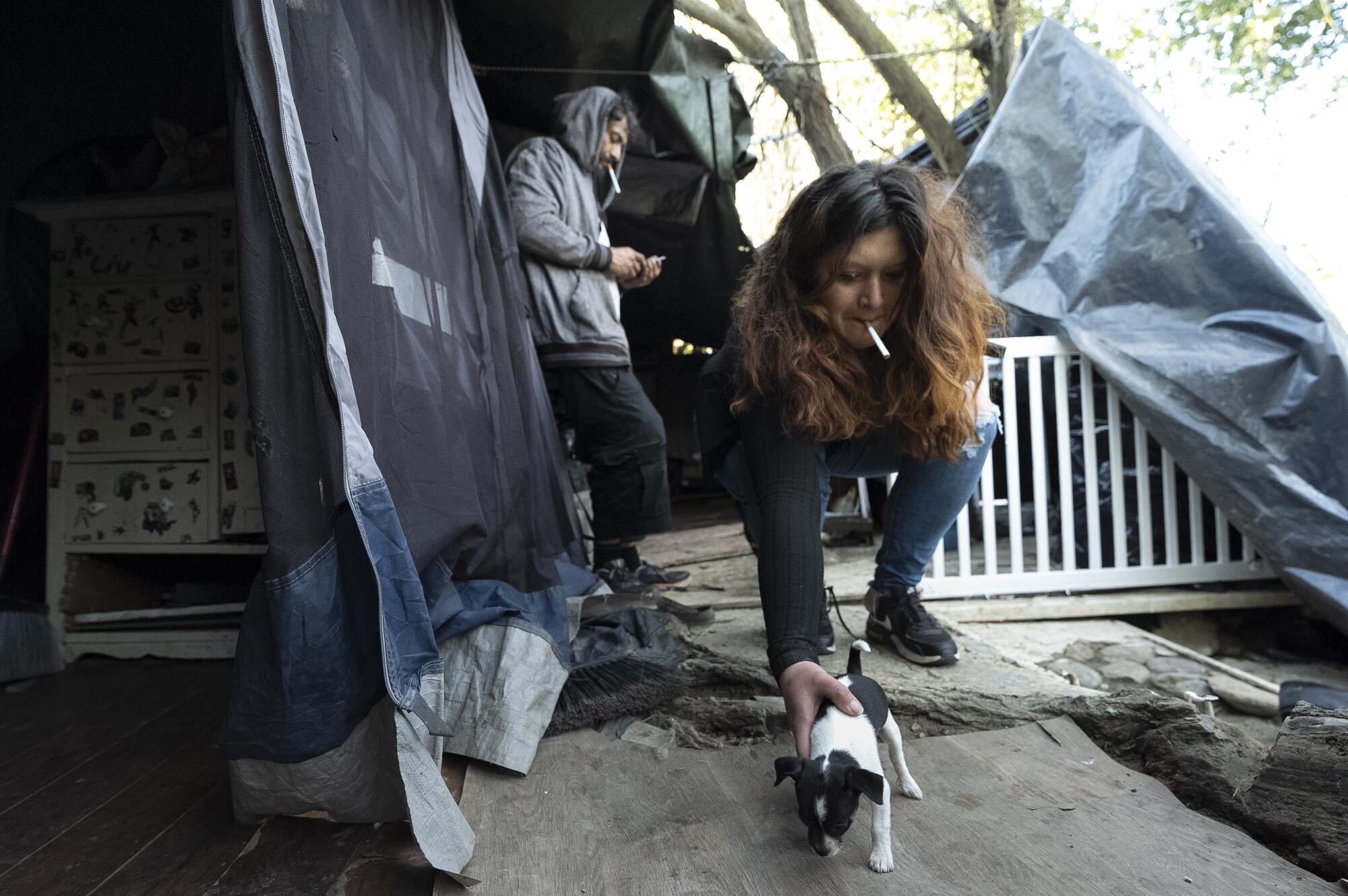 A woman picks up a black-and-white puppy outside of her tent.